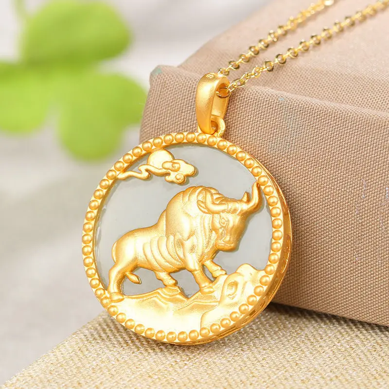 

S925 Sterling Silver Necklace Inlaid Natural Hotian Jade Pendanuckle round Brand