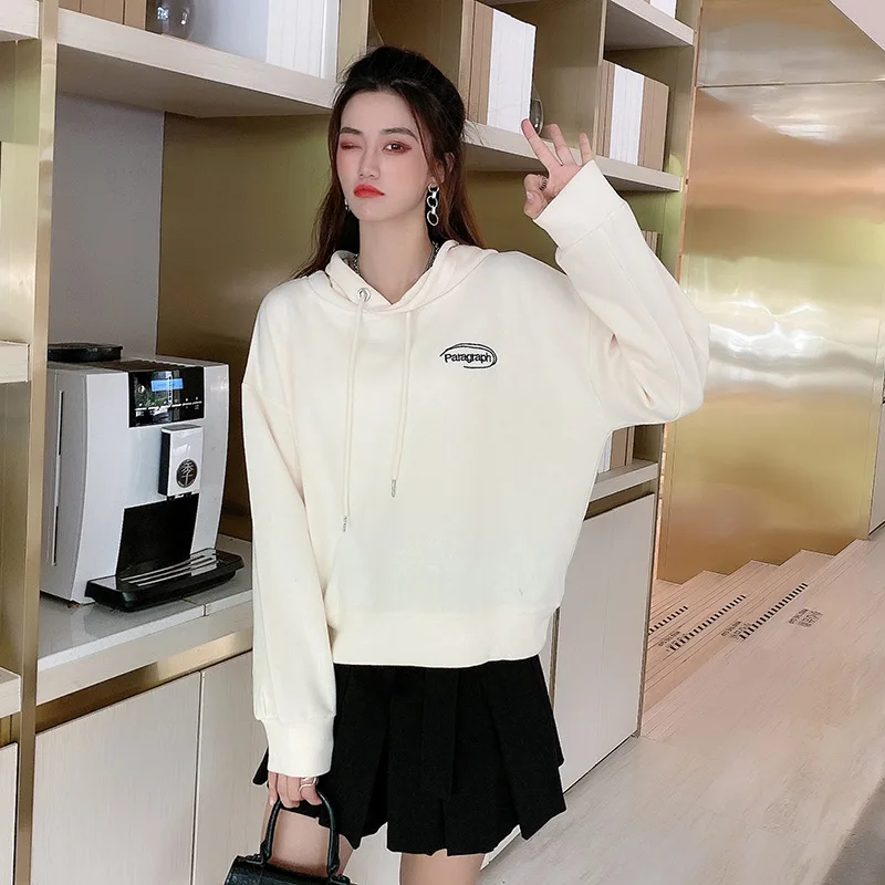 

2021 Spring New Embroidery Hooded Sweater Women Short Solid Color Fashion Loose Top Coat Women Sweatshirt Women