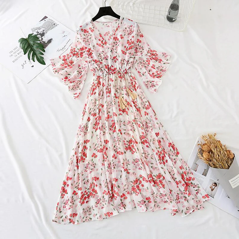 Женское шифоновое платье с цветочным принтом летнее трапециевидной формы