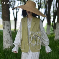 xitao patchwork irregular pockets bow vest women 2021 autumn casual fashion style temperament all match women clothes wmd2963