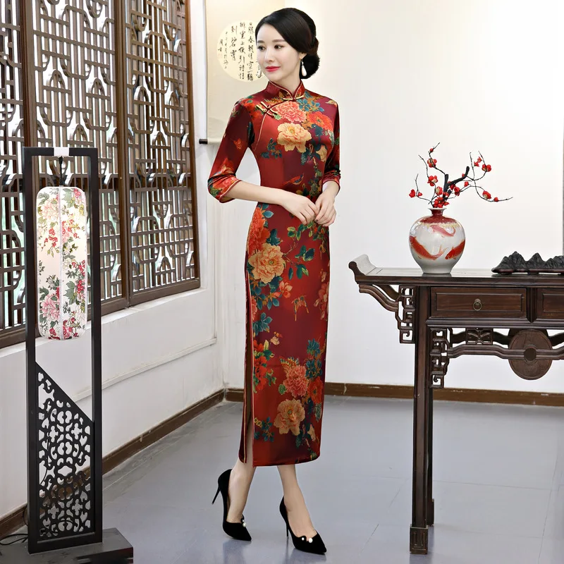 Бархатное теплое китайское платье Cheongsam с цветочным принтом элегантное вечернее