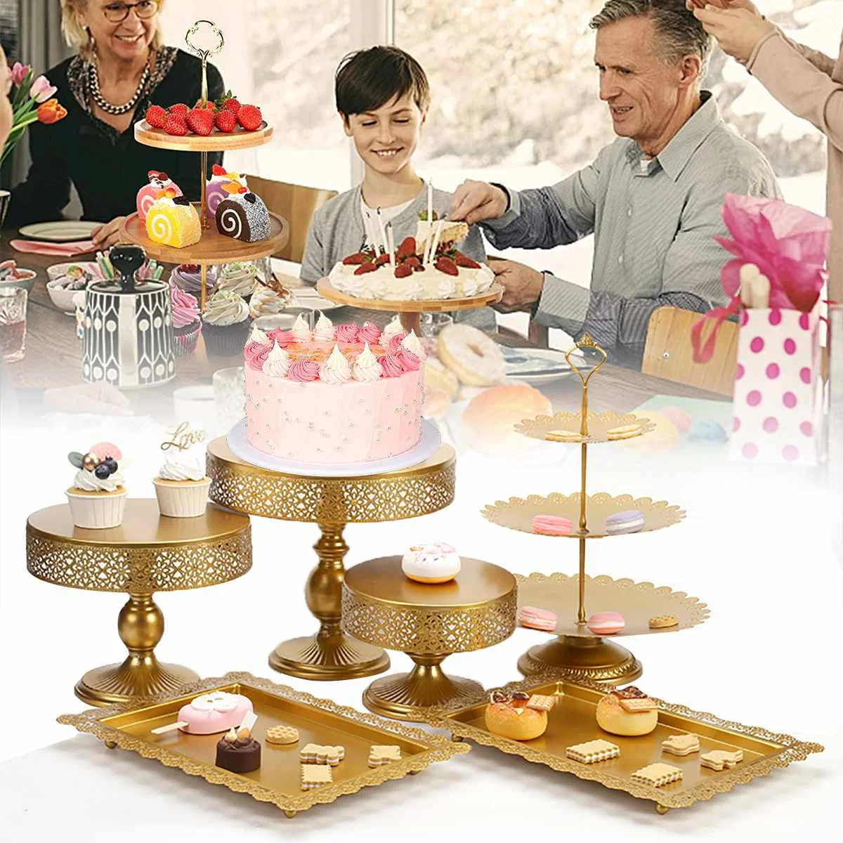 

Gold Metal Cake Stand Round Cupcake Stands Wedding Birthday Party Dessert Cupcake Pedestal Display Plate Home Decor