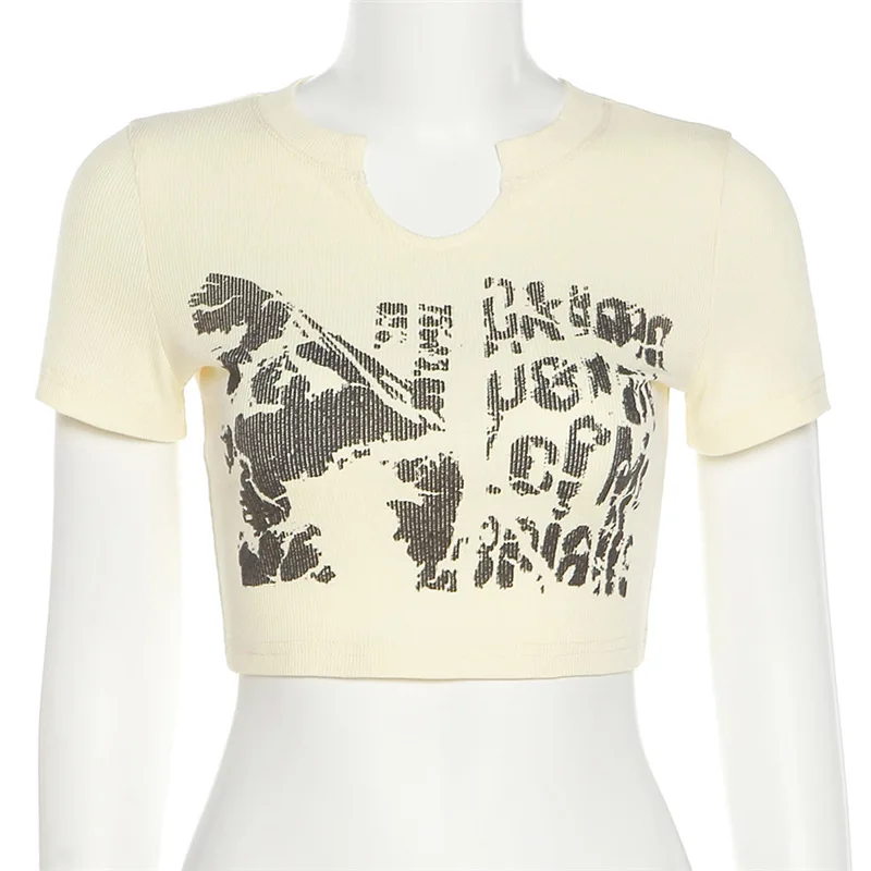 

Short Sleeves Women Cropped T-Shirt Sexy Slim Printed Sexy Slim One Word Collar Tank Tops Casual Fashion Street 2021 Summer New