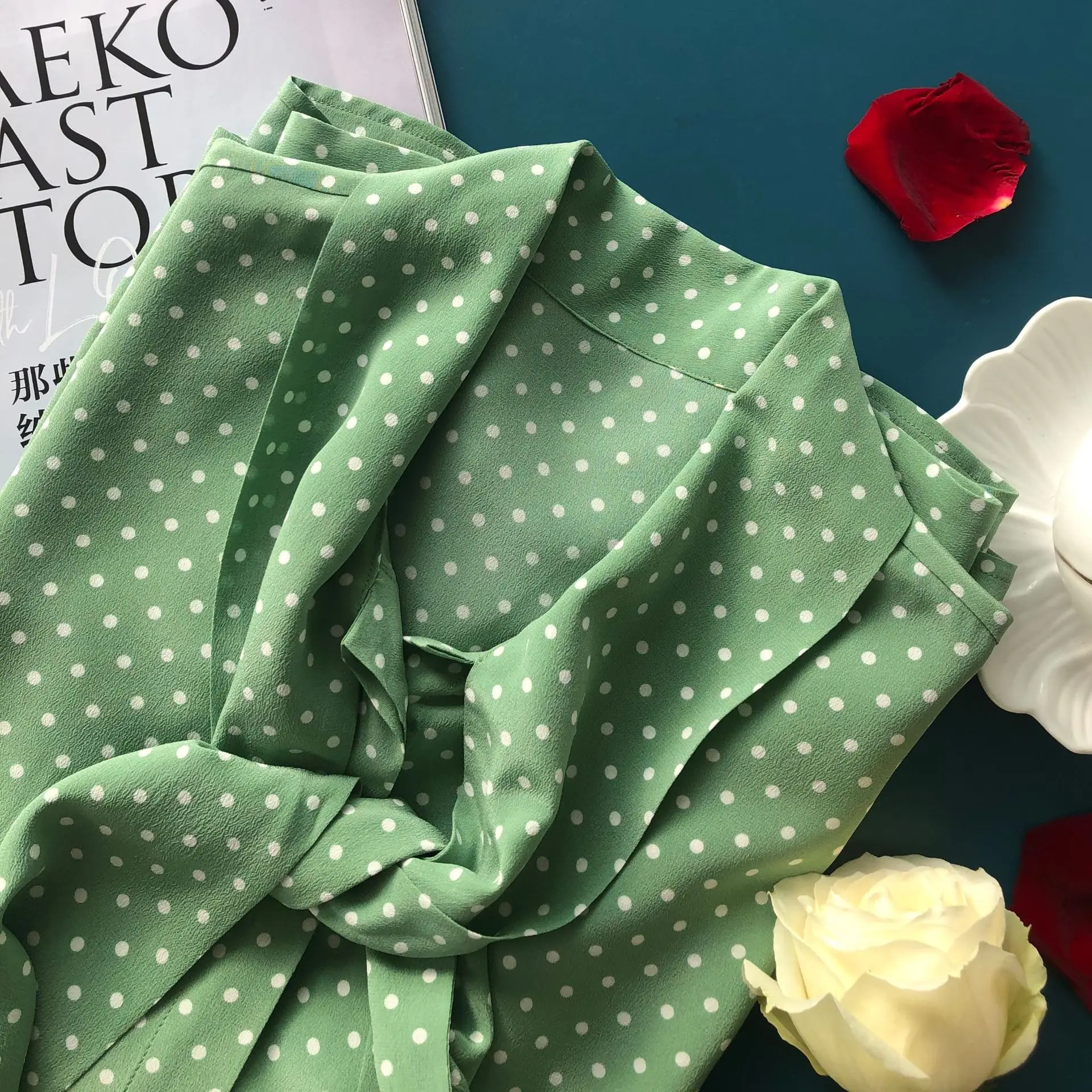 

100% Slik Women Blouse Shirt Polka Dot Printed Bow Lace-up Long Sleeve Tops