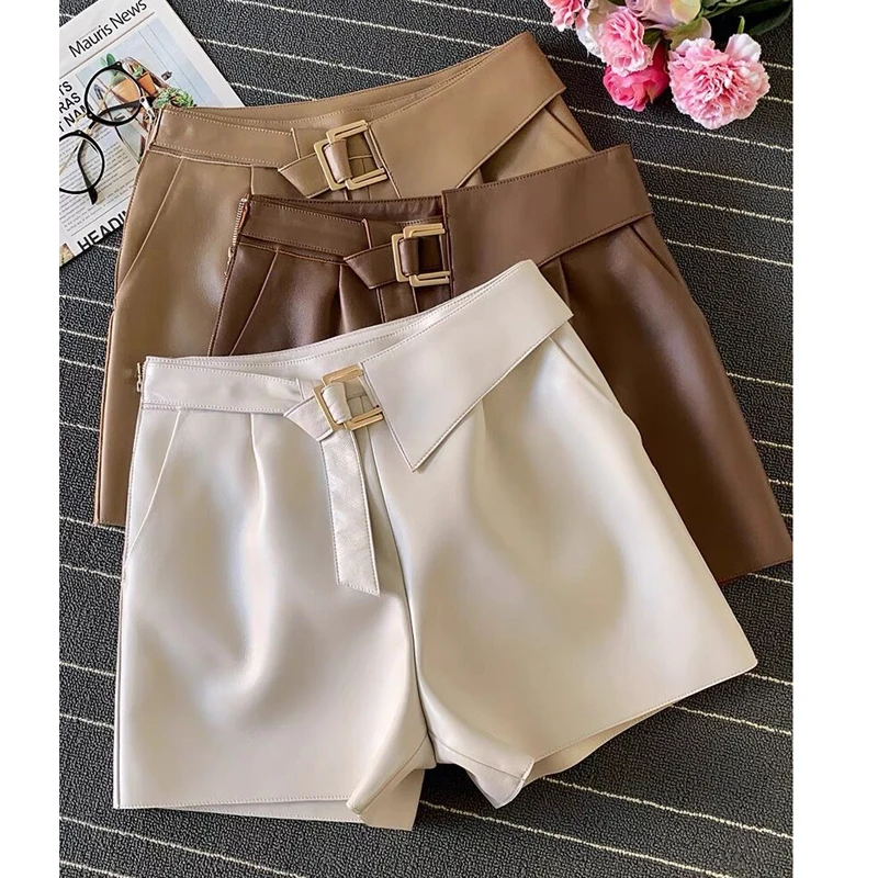 Harajuku Shorts Women Female Genuine Leather European Elastic Waist Contrast Belt Casual Pants Sexy Mini New 2021