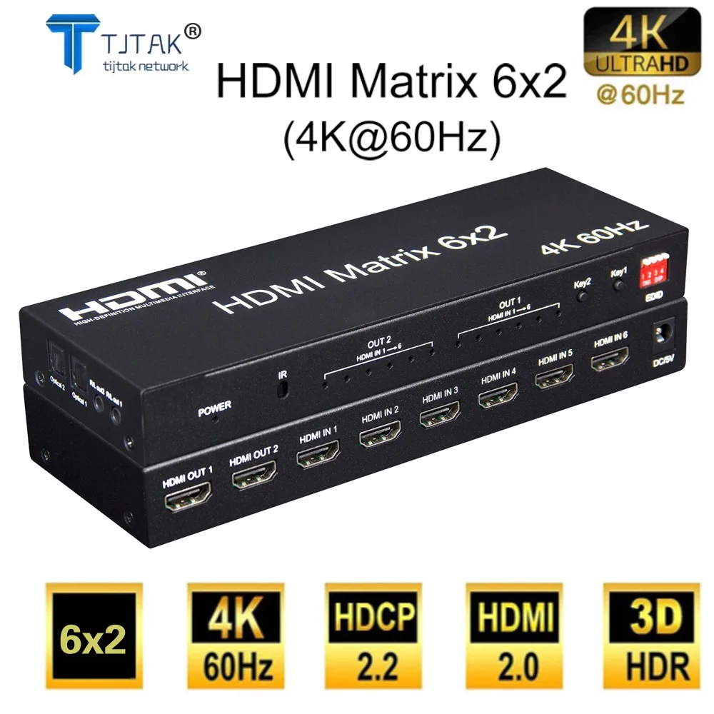 

4K 60 Гц HDMI матрица 4X2 с аудио HDMI 2.0 6X2 матричный коммутатор переключатель 4 в 2 выхода сплиттер для PS4 компьютера ПК ТВ двойной монитор