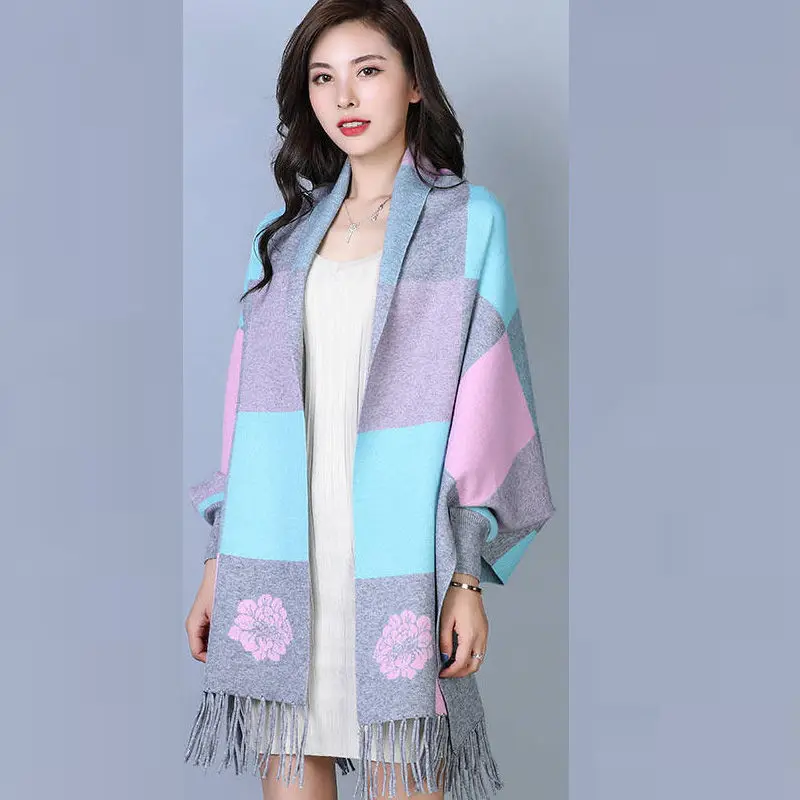 Клетчатая рубашка летучая мышь с рукавами свитер накидка женский свободный