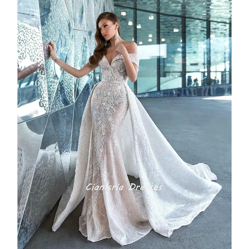 

Великолепное свадебное платье с открытыми плечами Дубая Русалка со съемным шлейфом Цветочная аппликация кружева Саудовский арабский свад...