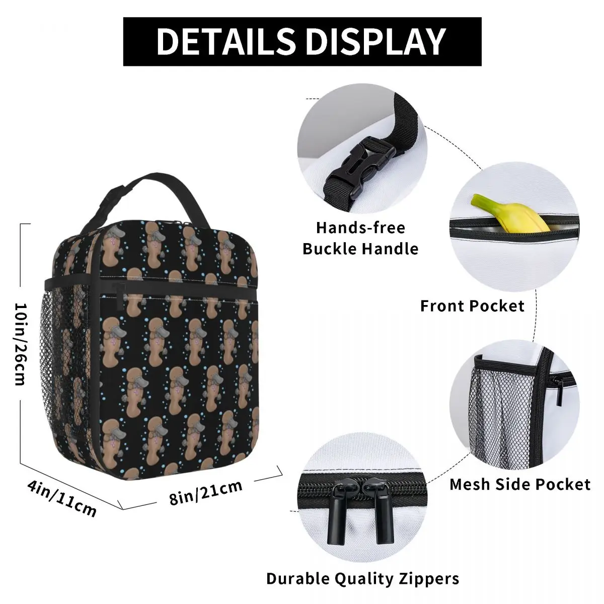 

Baby Platypus Cartoon Lunch Bag for Women Men Large Insulated Lunch Box with Water Bottle Holder and Pockets