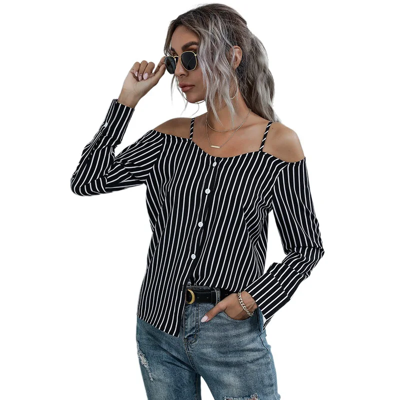 

2021 Autumn Women Chiffon Blouse Shirts Off Shoulder V-Neck Long Sleeves Tops Loose Blouse Sling Shirt Women's