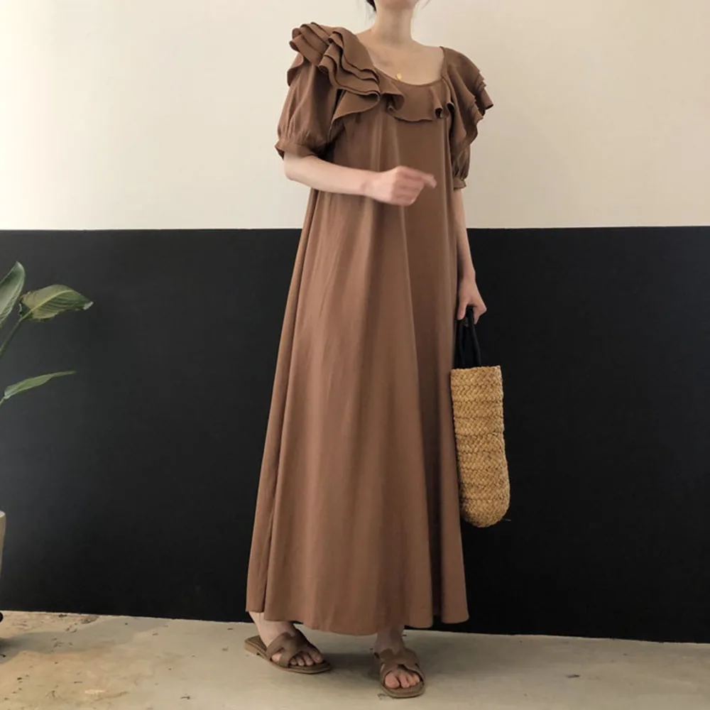 

Nice Pop Japanese Style Korean Fashion Ruffle Solid Color Square Collar Summer Simplicity Summer Dress Women's Casual Loose