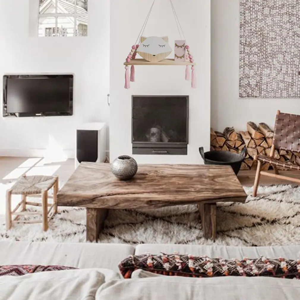 

Nordic Style Wooden Bead Tassels Storage Rack Wall Rope Hanging Shelf Wood Swing Hanging Rope Wall Mounted Floating Shelves