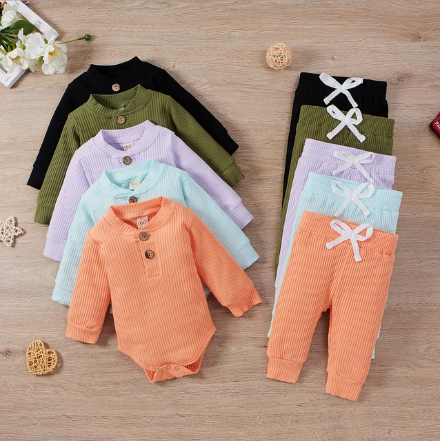 Infant Newborn Baby Girl Boy Spring Autumn Ribbed/Plaid Solid Clothes Sets Long Sleeve Bodysuits + Elastic Pants 2PCs Outfits 6