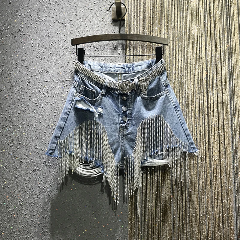 

2021 Summer European Style High Quality Diamond Tassels Denim Shorts Woman Fashion High Waist Jeans Shorts