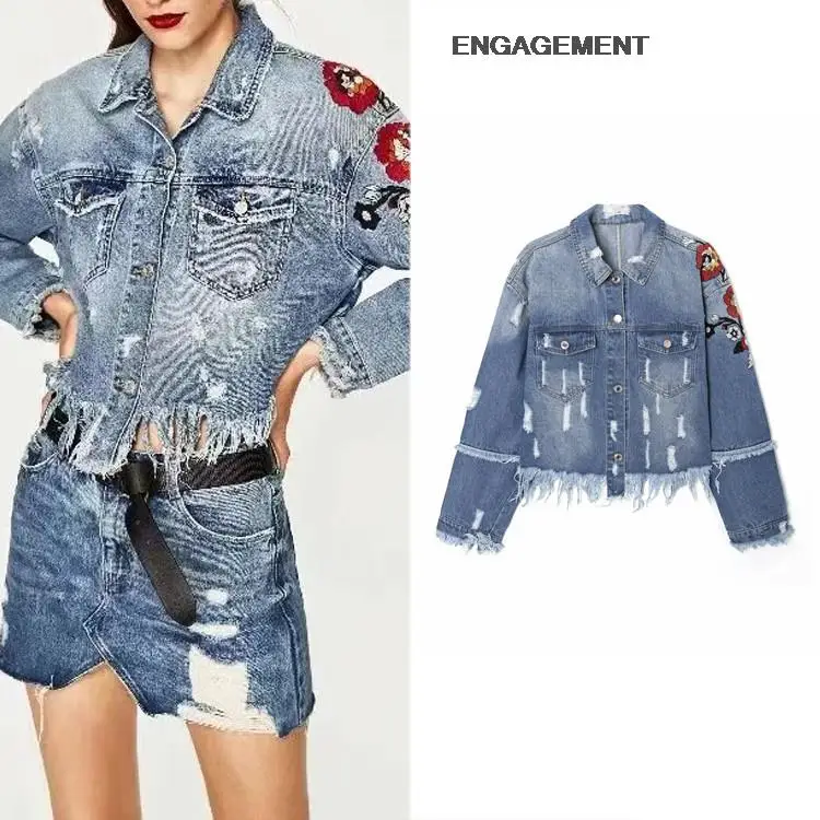 

ENGAGEMENT Za 2021 Trafaluc Street Hipster Raw Edge Design Denim Jacket Autumn Floral Embroidered Jacket