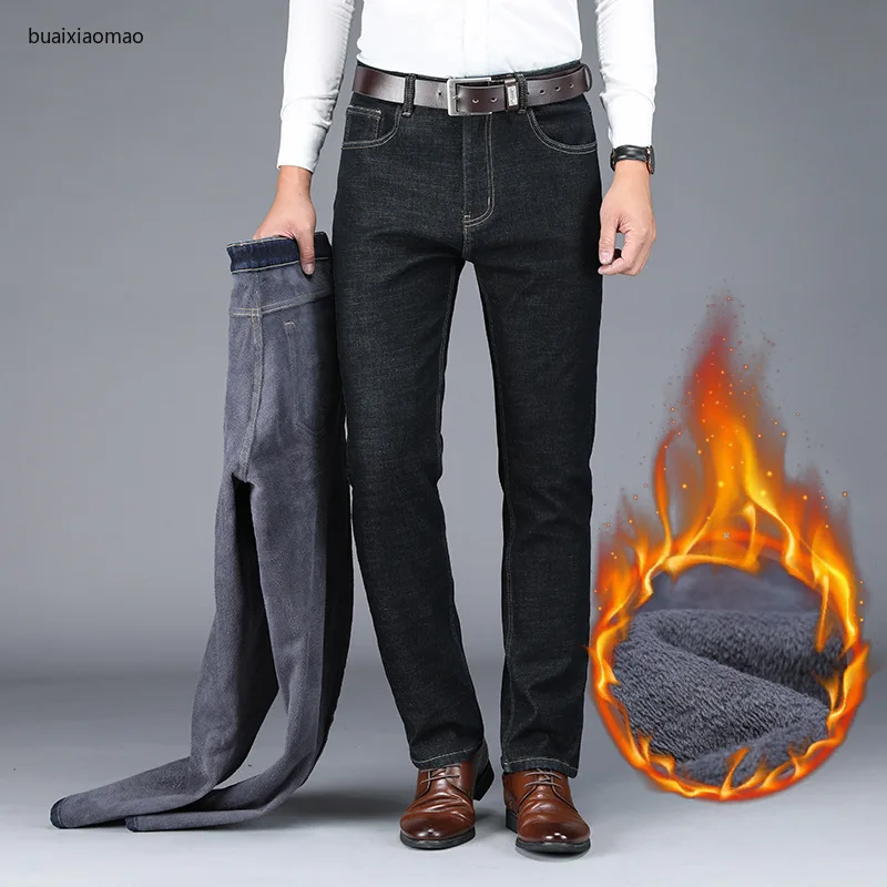 

Big Size Classic Business Jeans For Men Autumn Winter Male Casual High Quality Thick Fleece Warm Elastic Denim Pants 28-42