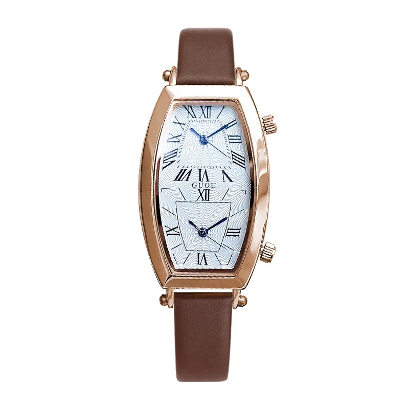 

FEMALE WATCH WINE BARREL IRREGULAR DOUBLE-CORE DOUBLE-DIAL LEISURE STYLE LADIES LETHER WATCHBAND QUARTZ WATCH G8090