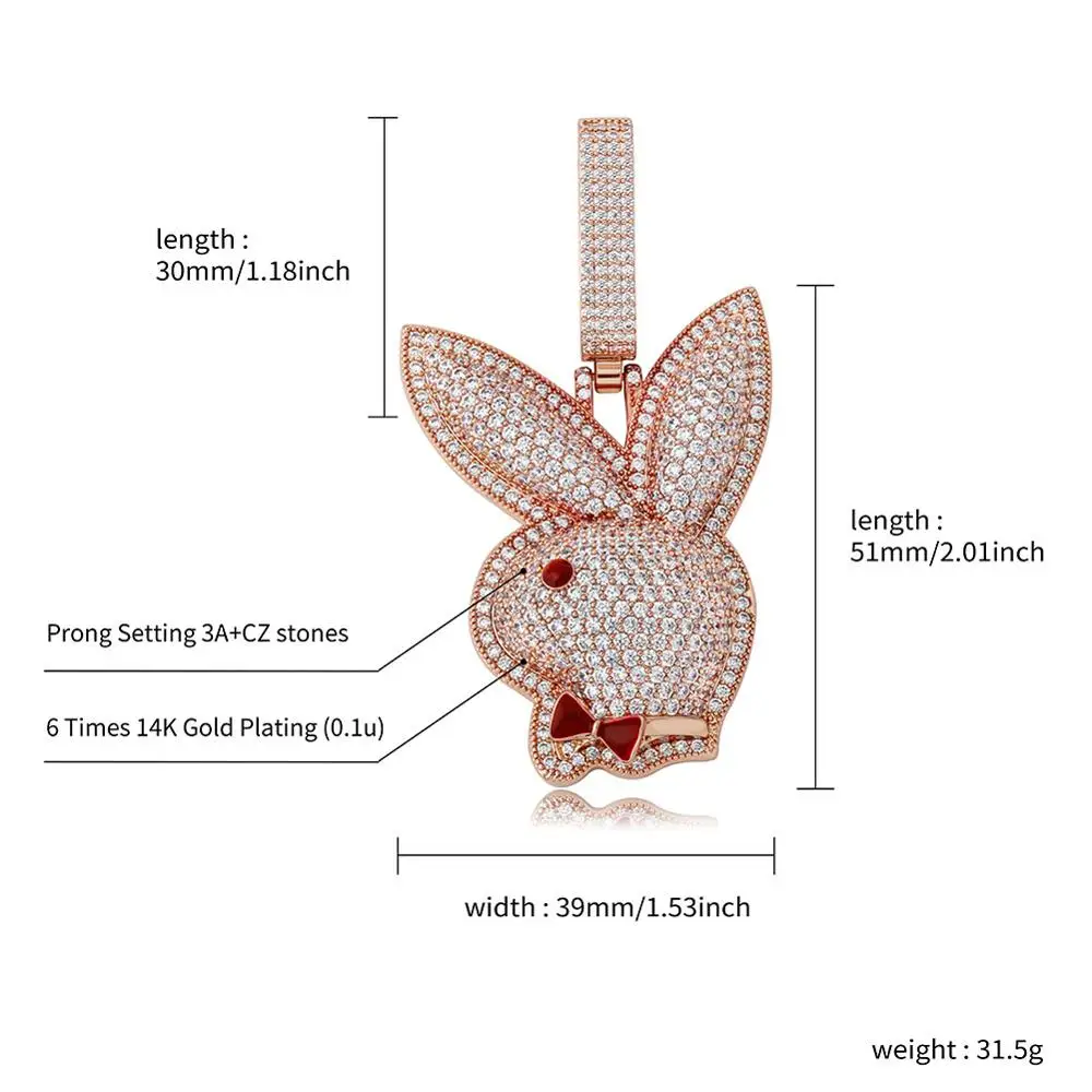 

GUCY Animal Rabbit Head Pendant Necklace Charm Tennis Chain & Cuban chain Gold Color Cubic Zircon Men's Hip hop Rock Jewelry