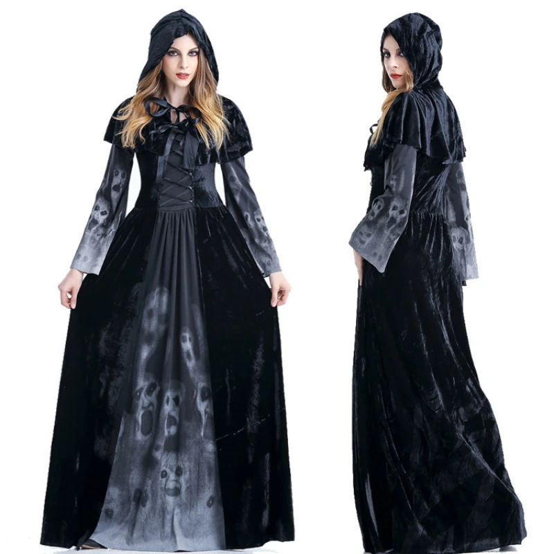 

Halloween Role Play Costume Skeleton Printing Dress Witch Vampire Death Queen Costume Cosplay Women Halloween Costume Clothes