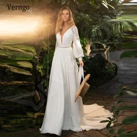 verngo modern a line wedding dress lace puff long sleeves silk chiffon v neck elegant bride dresses 2021 vestido de noiva