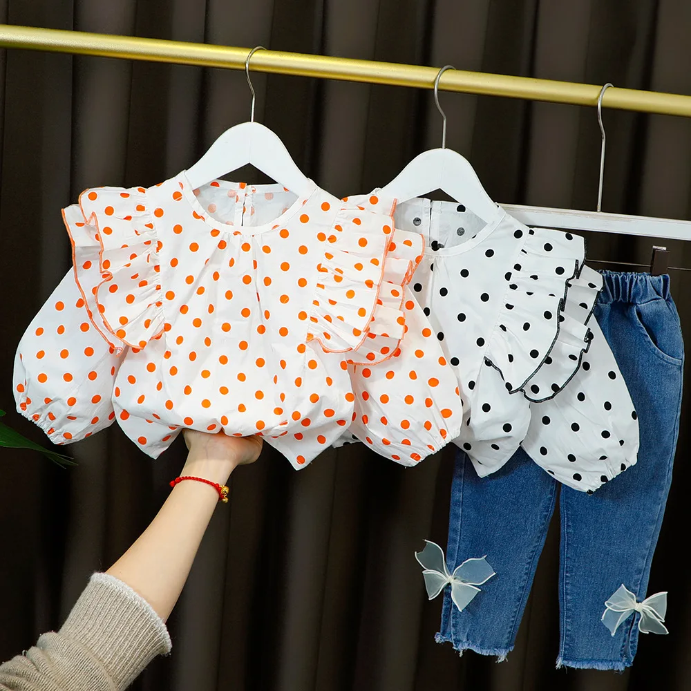 

2021 Hot Clothes For Kid Baby Girl Outfit Set Dot Pleated Lace Collar + Long Denim Bows Trousers Children Clothing 1 2 3 4 Years