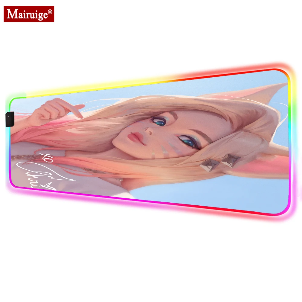 

LED Mousepad RGB Animal Ears Blonde Long Hair League of Legends Anime Woman Large Glow Gaming Mouse Pad 90x40cm Gamer Desk Mat