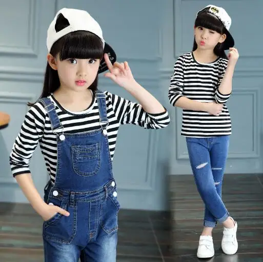 Комплект одежды для девочек Весенняя Повседневная футболка в полоску с длинным