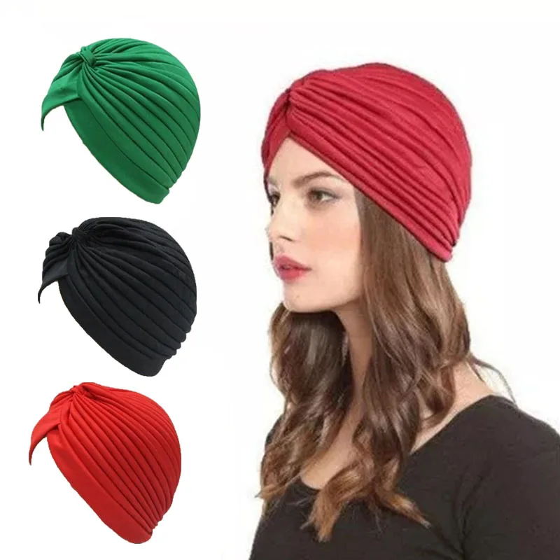 

Solid Color Knotted Turban for Women Fashion Hairwear Head Wrap Scarf Ladies Cancer Hat Beanies Islamic Inner Cap Bandanas