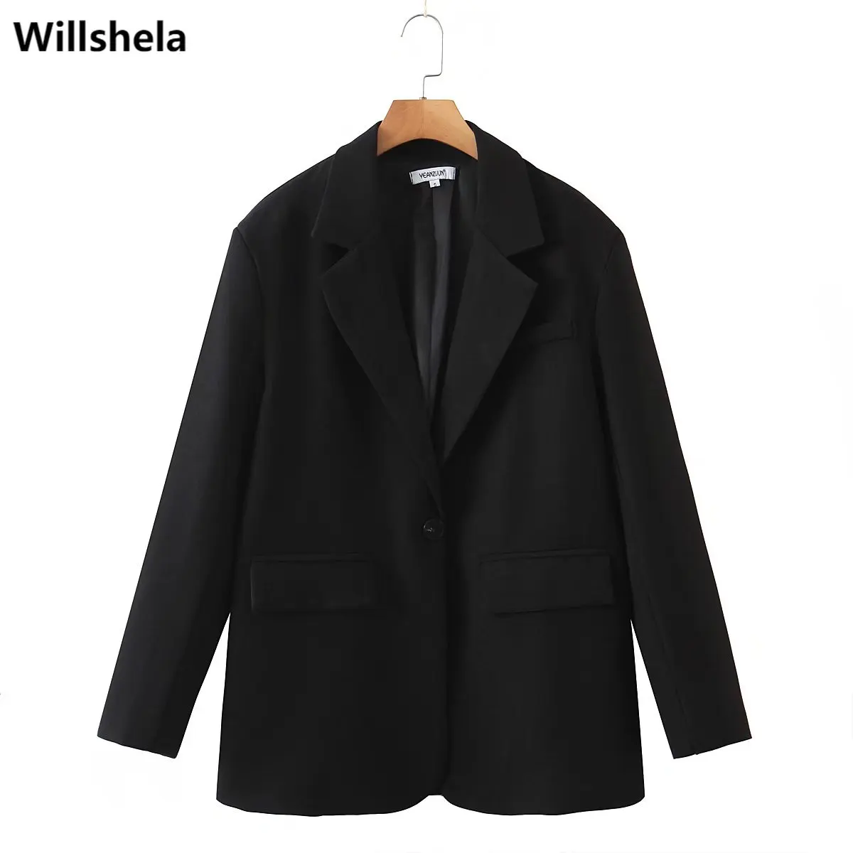 

Willshela Women Fashion Black Solid Back Slit Single Button Blazer Vintage Long Sleeves Notched Neck Female Suit veste femme