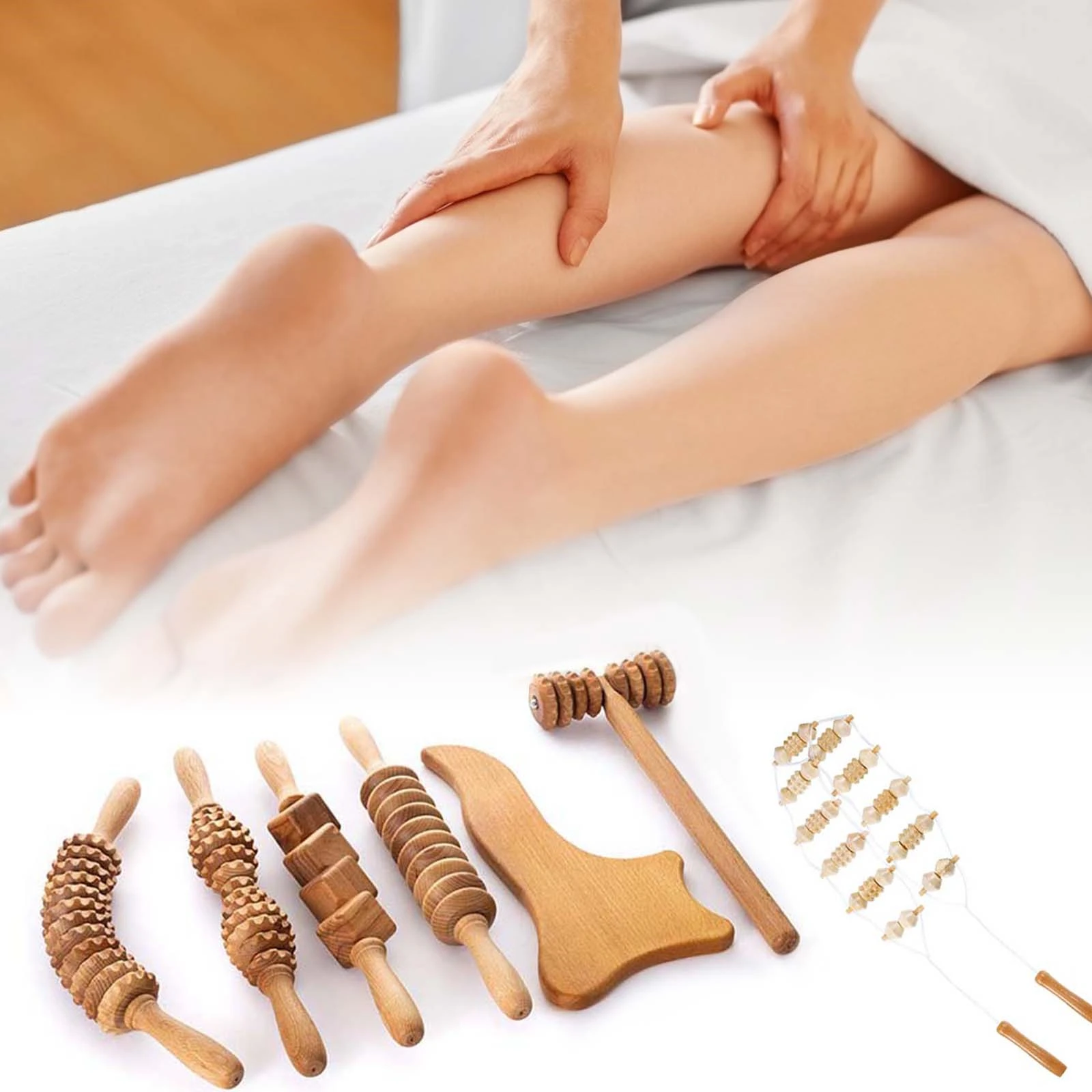

7 in 1 Wooden Therapy Massage Roller Tool Accessories Maderotherapy Anti Cellulite Set Lymphatic Drainage Massager for Body