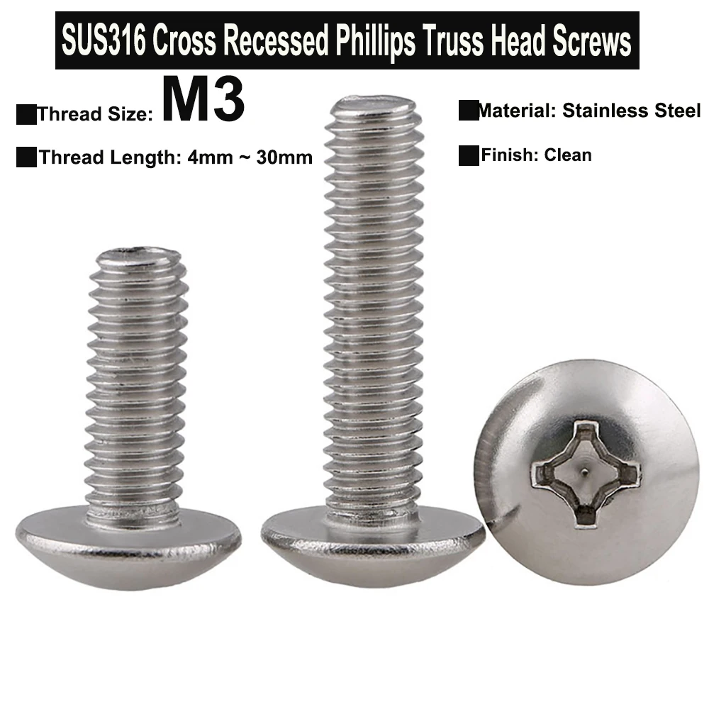

20Pcs M3x4mm~30mm SUS316 Stainless Steel Cross Recessed Phillips Truss Head Screws