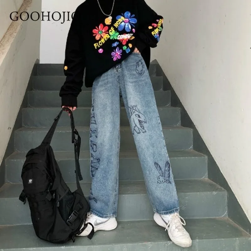 

GOOHOJIO 2021 New Spring and Autumn Chic Jeans for Women Hip Hop Doodle Pattern Jeans Women Fashionable Loose Women Trousers