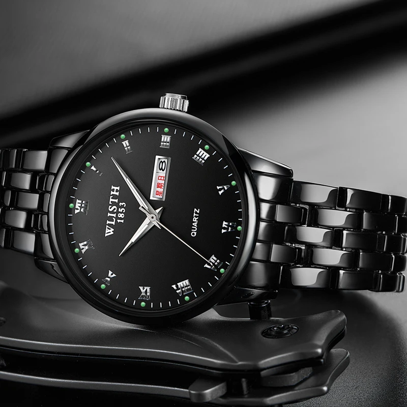 Черные мужские и женские модные деловые кварцевые парные светящиеся часы с