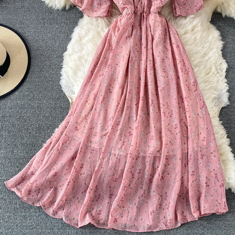 

Sexy Floral Printed Chiffon Midi Dress Women Summer Flare Short Sleeve Lace Patchwork High Waist A-Line Vestidos Female 2021 New