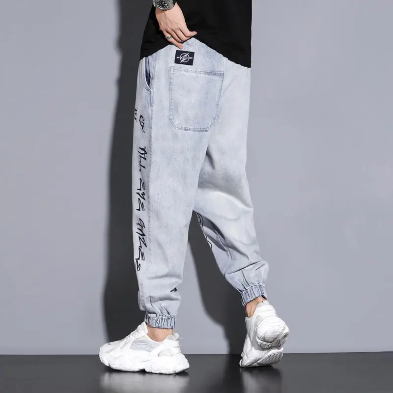 Mens Jeans Brand Letter Printed Ankle Banded Men's Cargo Pants Straight Loose Casual Streetwear Trousers Hip Hop Ripped Jeans