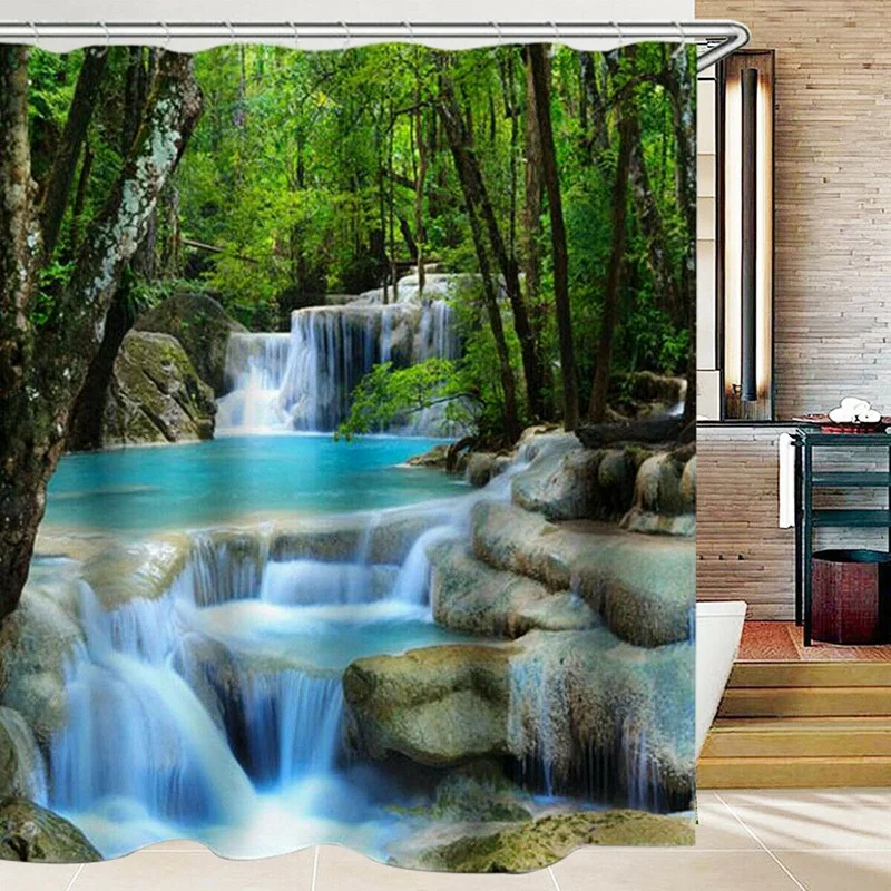 

3D Nature Scenery Bathroom Set Shower Curtain Bathroom Curtain With 12X Hooks Water-Repellent Shower Curtain