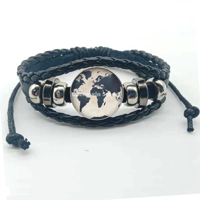 Лидер продаж винтажный кожаный браслет с картой мира со стеклянным куполом