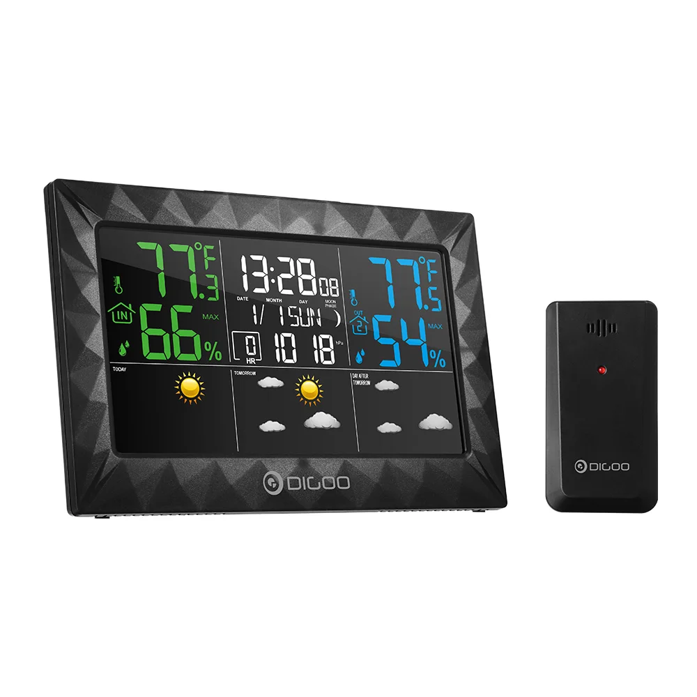 DIGOO DG-8270A Цвет Погодная станция+ открытый дистанционного Сенсор термометром и гигрометром декоративные часы для Повтор Sunrise Sunset Дисплей 3CH