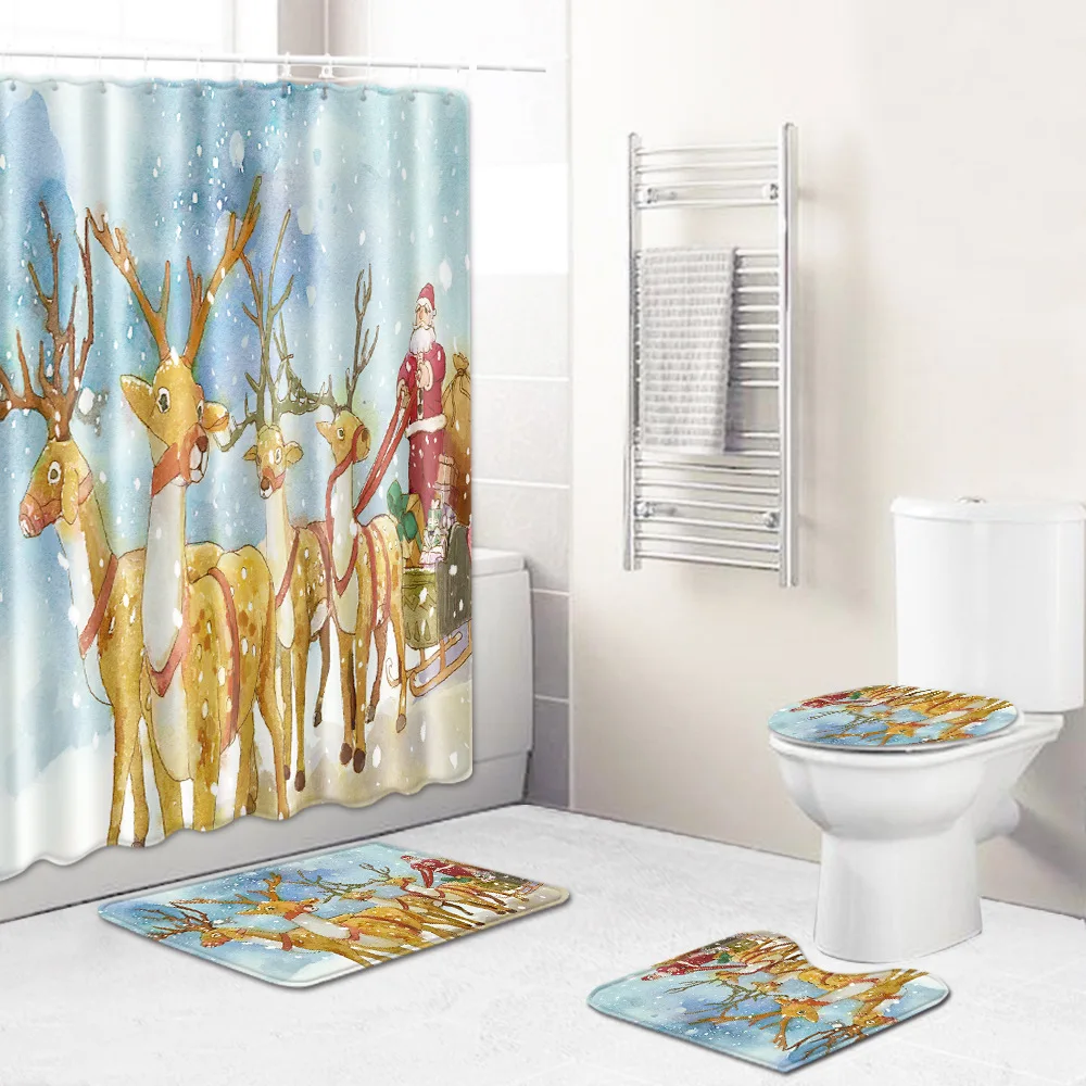 

Zeegle Christmas Bath Curtain Waterproof Shower Curtain Non-slip Bathroom Rug Absorbent Toilet Cover Mat Washable Bath Mat Set
