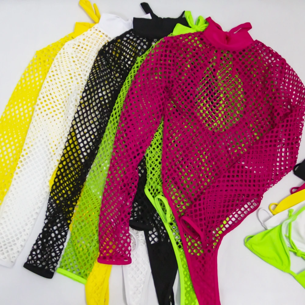 Neon Mesh One Piece Swimsuit Thong One Piece Swimwear Women Fishnet Tanga Swimsuit Sexy Bathing Suit High Neck Monokini
