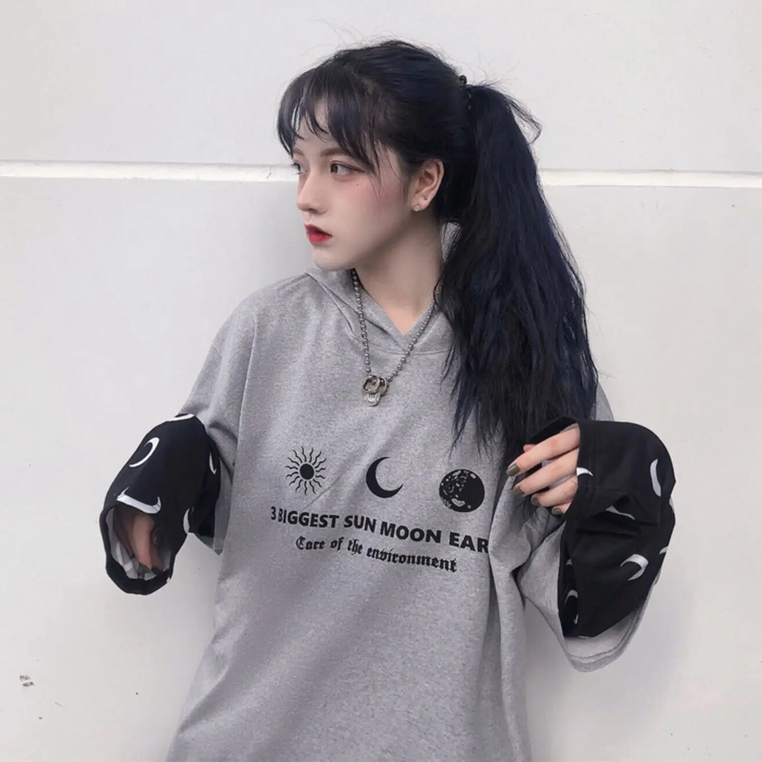 Harajuku уличная Винтажная Футболка для женщин, одежда, осень, корейский Ulzzang, с принтом, с капюшоном, Футболки женские, полный поддельные два топа