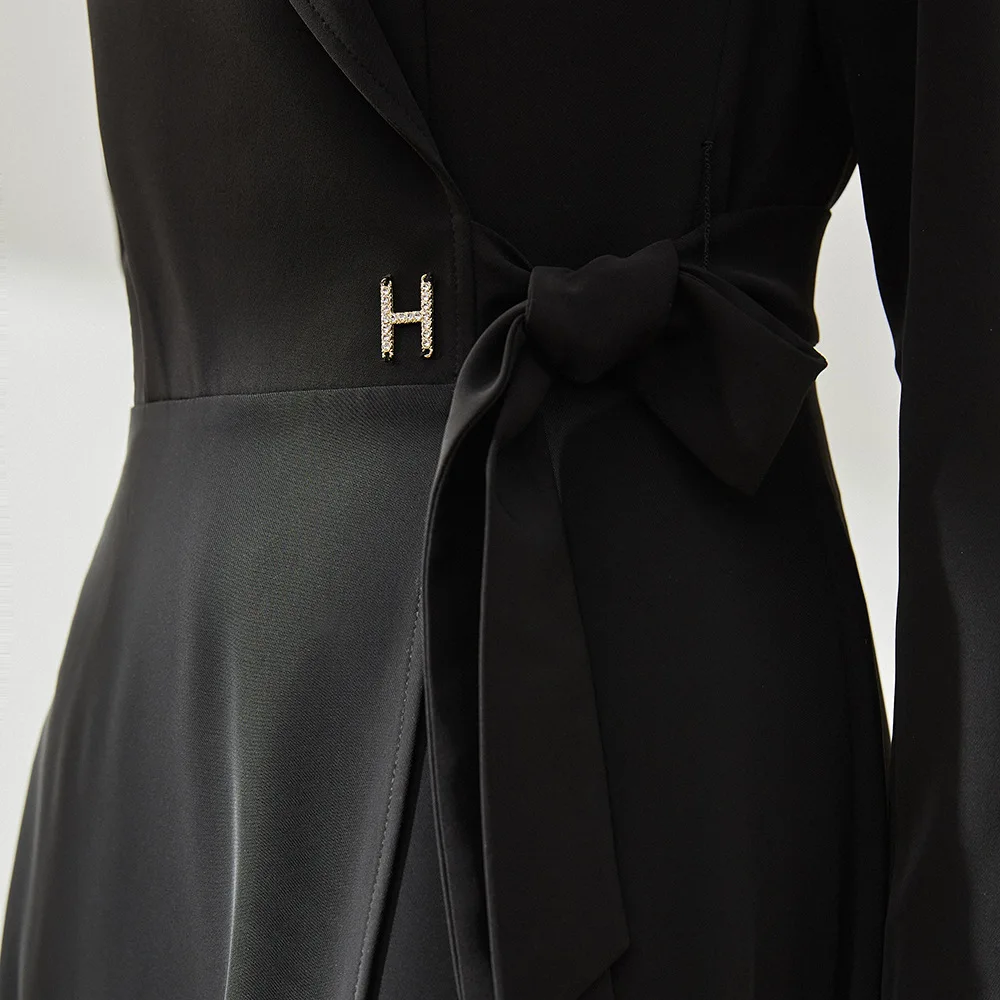 

Spring Long Sleeve Black Asymmetric Dress Diamonds White Blazer Dress Women High Waist Elegant Ladies Midi Warp Dresses Fashion