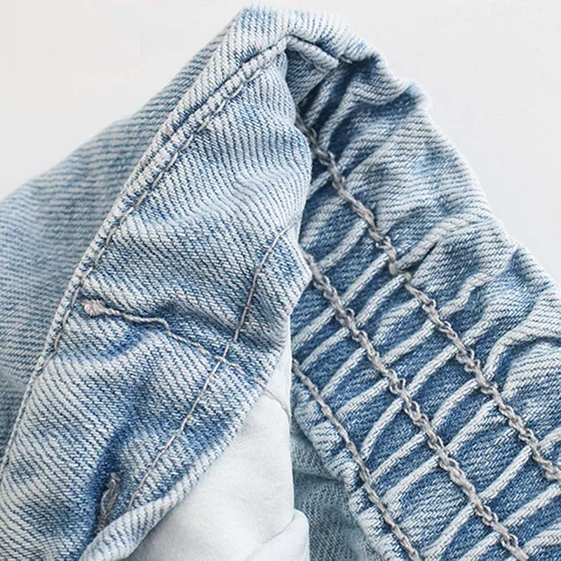 

Women Pleated Loose Casual Cowboy Jeans Lady Back Elastic Waist Long Trousers Light Blue Color Paperbag Pants Jeans