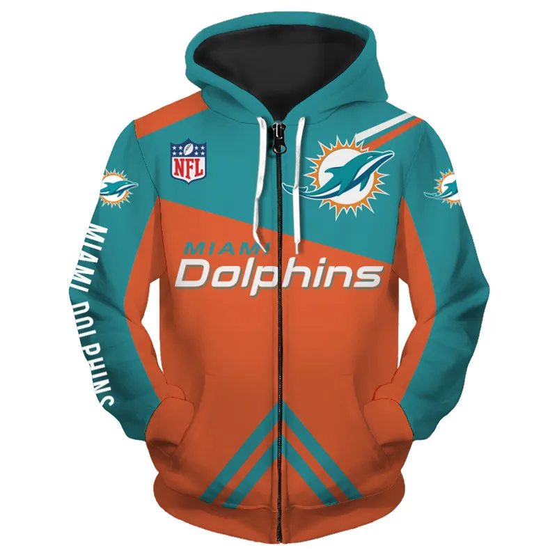 

Miami Men's cool football sportswear Green orange stitching cartoon dolphin print Dolphins 3D Zipper Hoodies