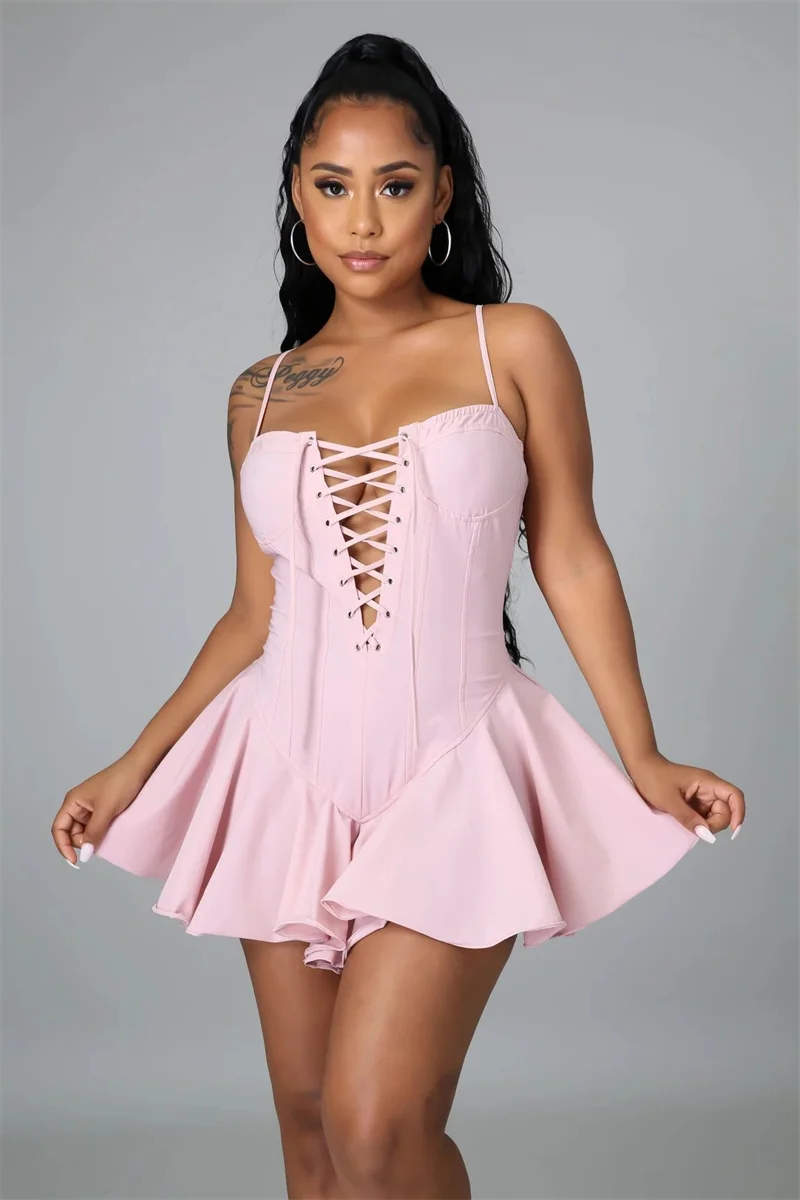 

RStylish 2021 Summer Women Dress Fashion Elegant Sexy Sleeveless Spaghetti Strap Eyelet Lace Up Pleated Nightclub Mini Dresses