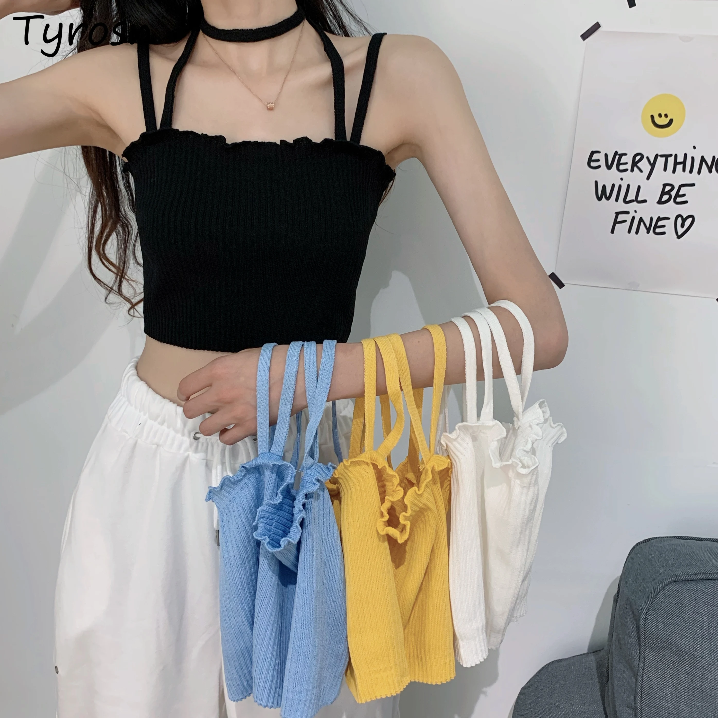 

Женские майки, однотонные милые улззанг, красивые дизайнерские укороченные топы с лямкой на шее и оборками, стильные тонкие универсальные н...