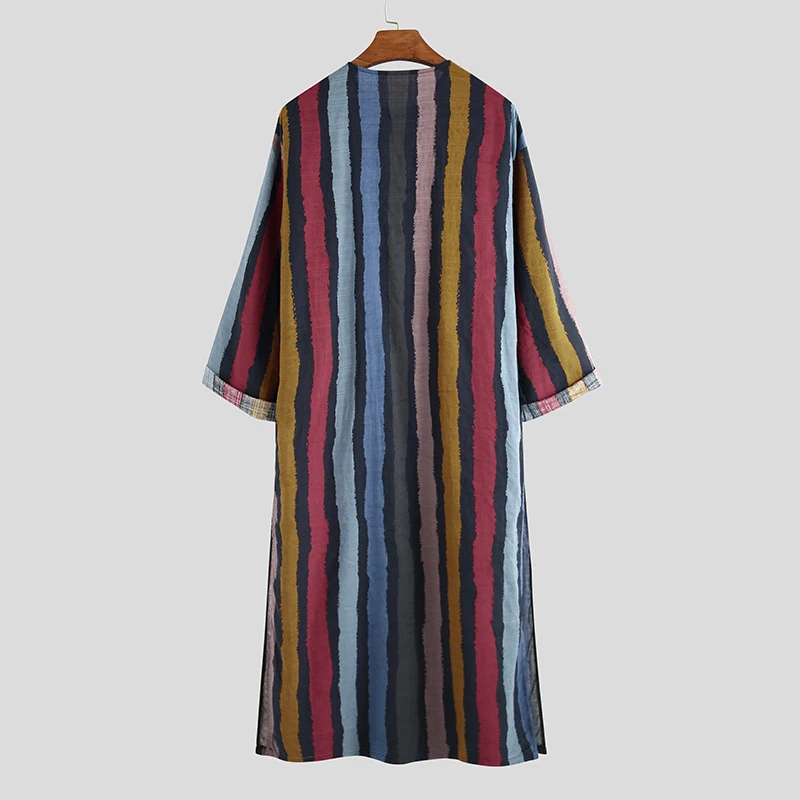 MD Muslim Fashion Mens Shirt Striped Print Robes Homewear Jubba Thobe Abaya Dubai Arabic Caftan Pakistan Vetement Homme Djellaba