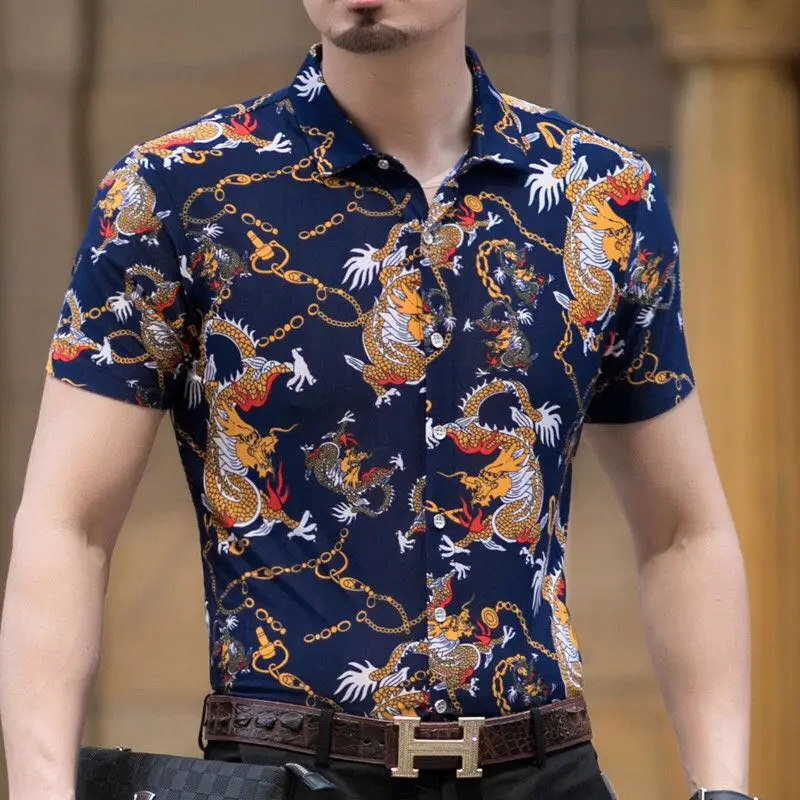 Мужская гавайская рубашка с коротким рукавом приталенная Camisa Masculina летняя