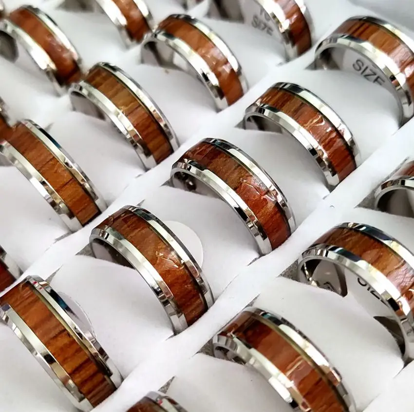 Кольцо мужское из нержавеющей стали 20 шт./лот с отделкой под древесину 8 мм