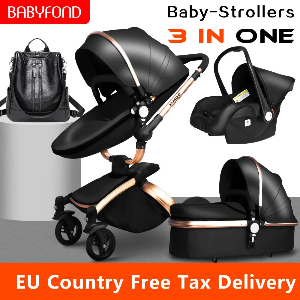 Babyfond 3 in 1 Luxury EU baby stroller leather two-way shock absorption carriage brand baby 2 in 1 pram gold brown free gifts